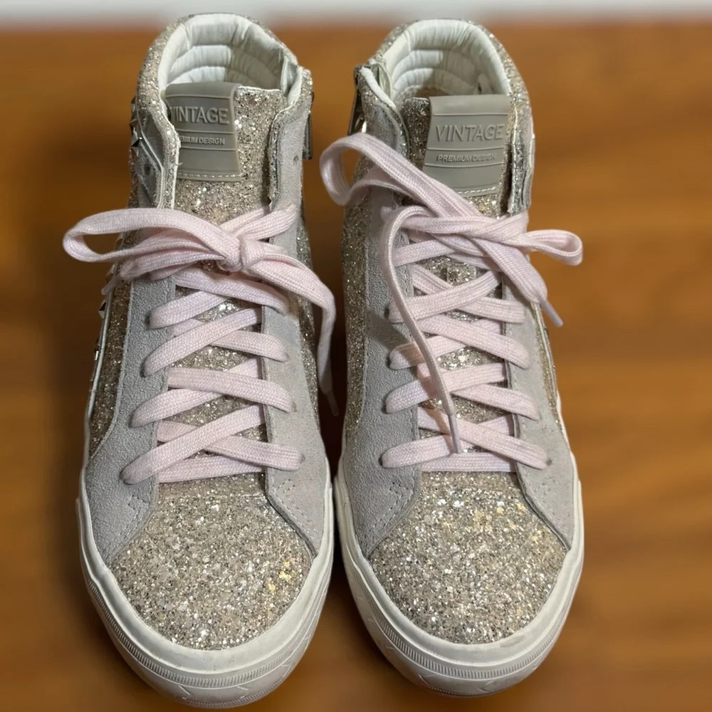 Vintage Havana Hailey High Washed Glitter Sneakers with Star Studs & Pink Laces - Picture 2 of 8